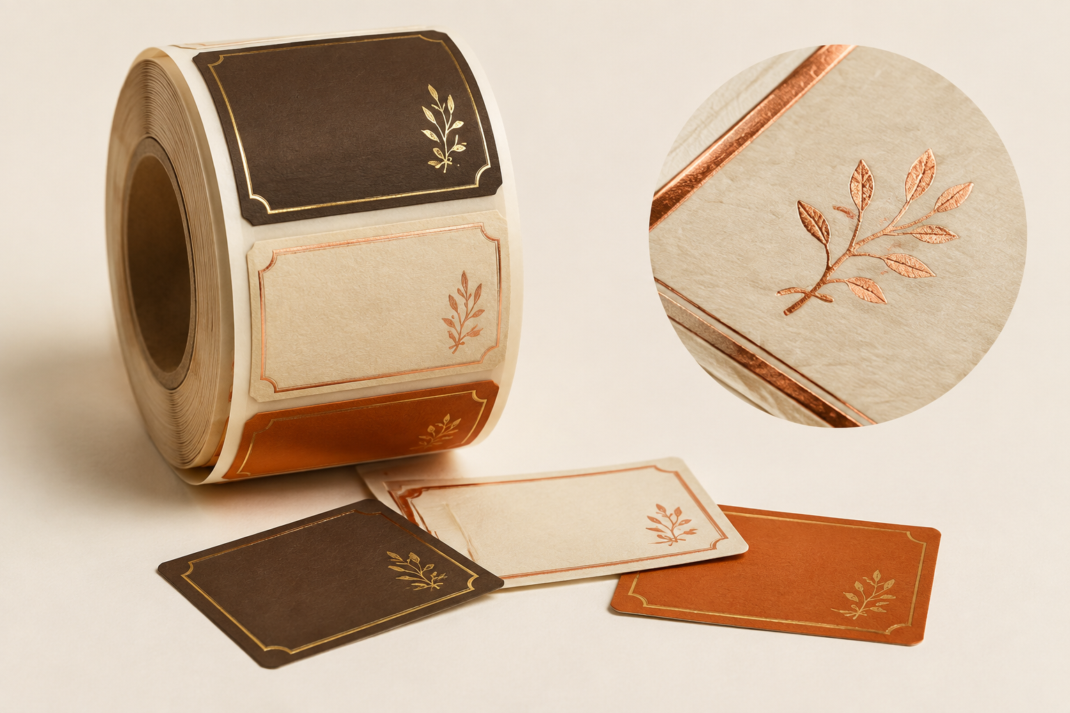 Paper labels with restrained metallic foil accents