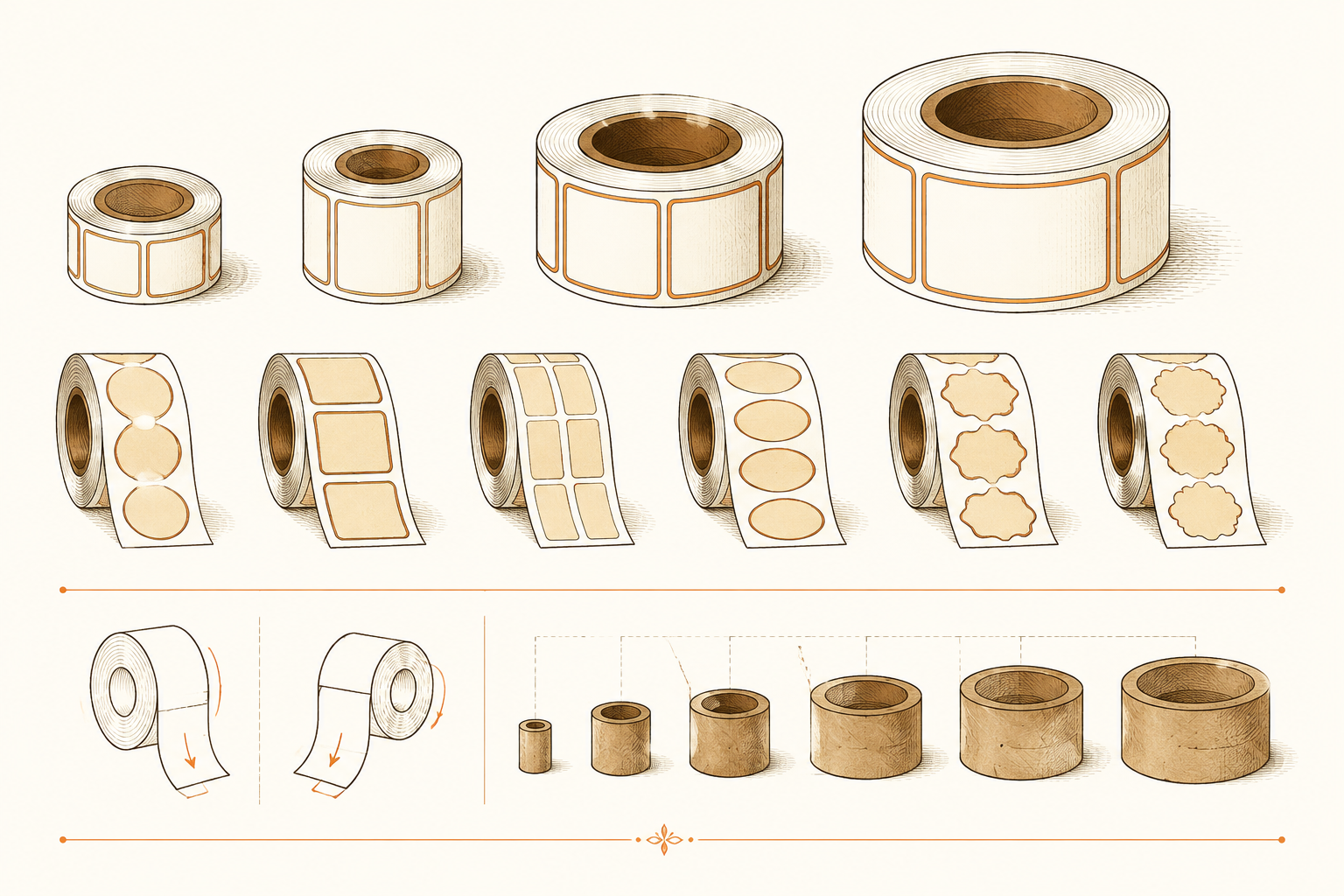Roll labels in several core sizes and winding directions