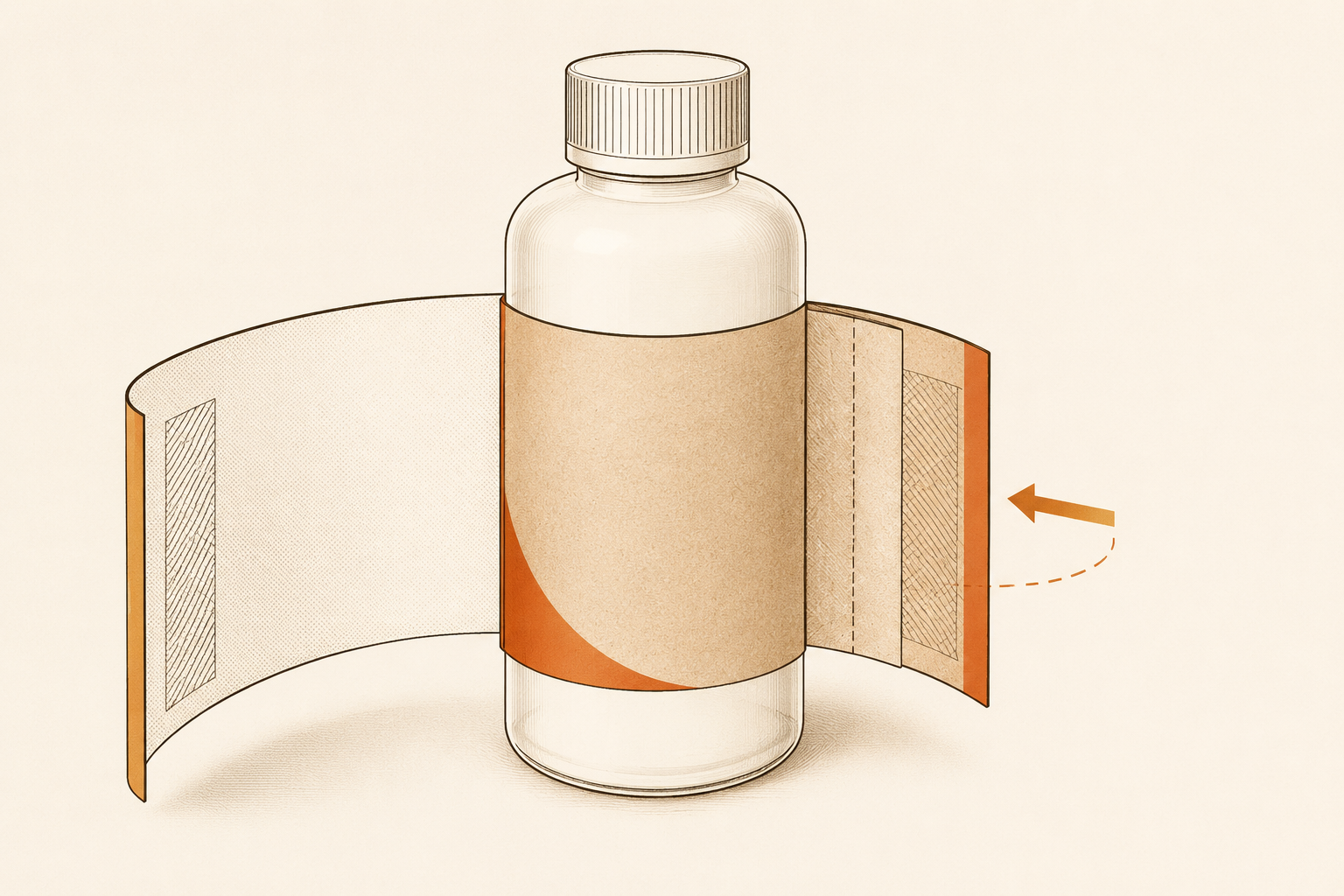 Wraparound label fitted around a plain cylindrical bottle
