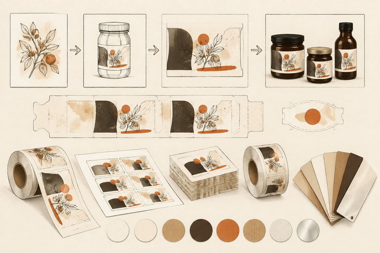 Label artwork, dielines, rolls, sheets, and material samples