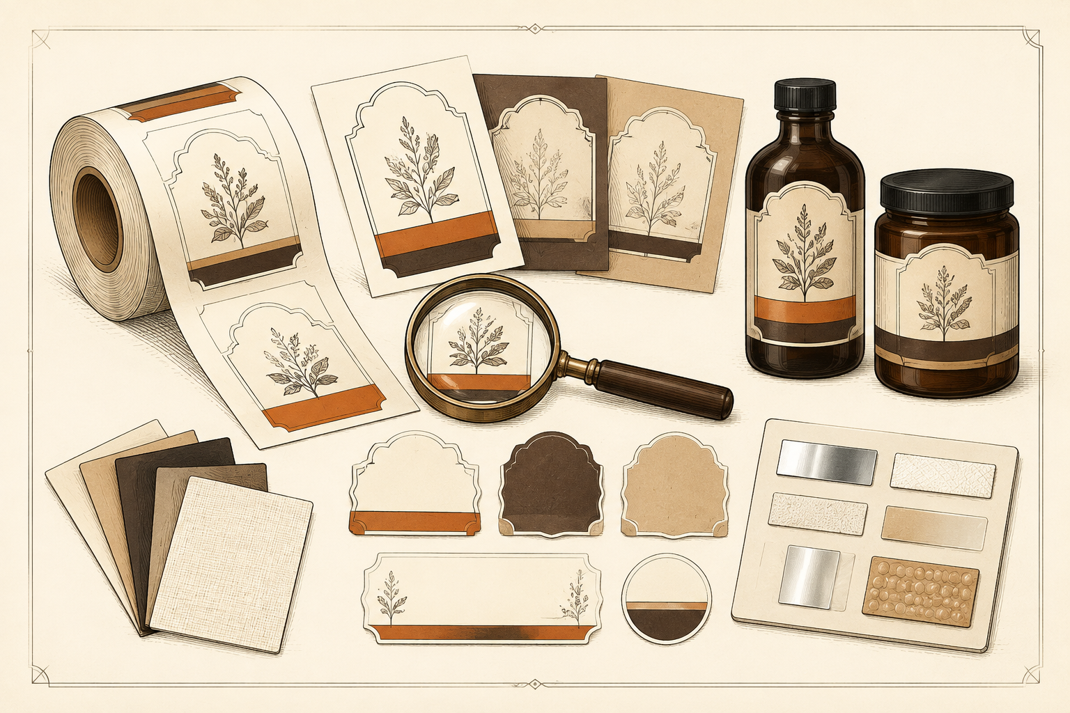 Label samples being reviewed on plain bottles, jars, rolls, and sheets