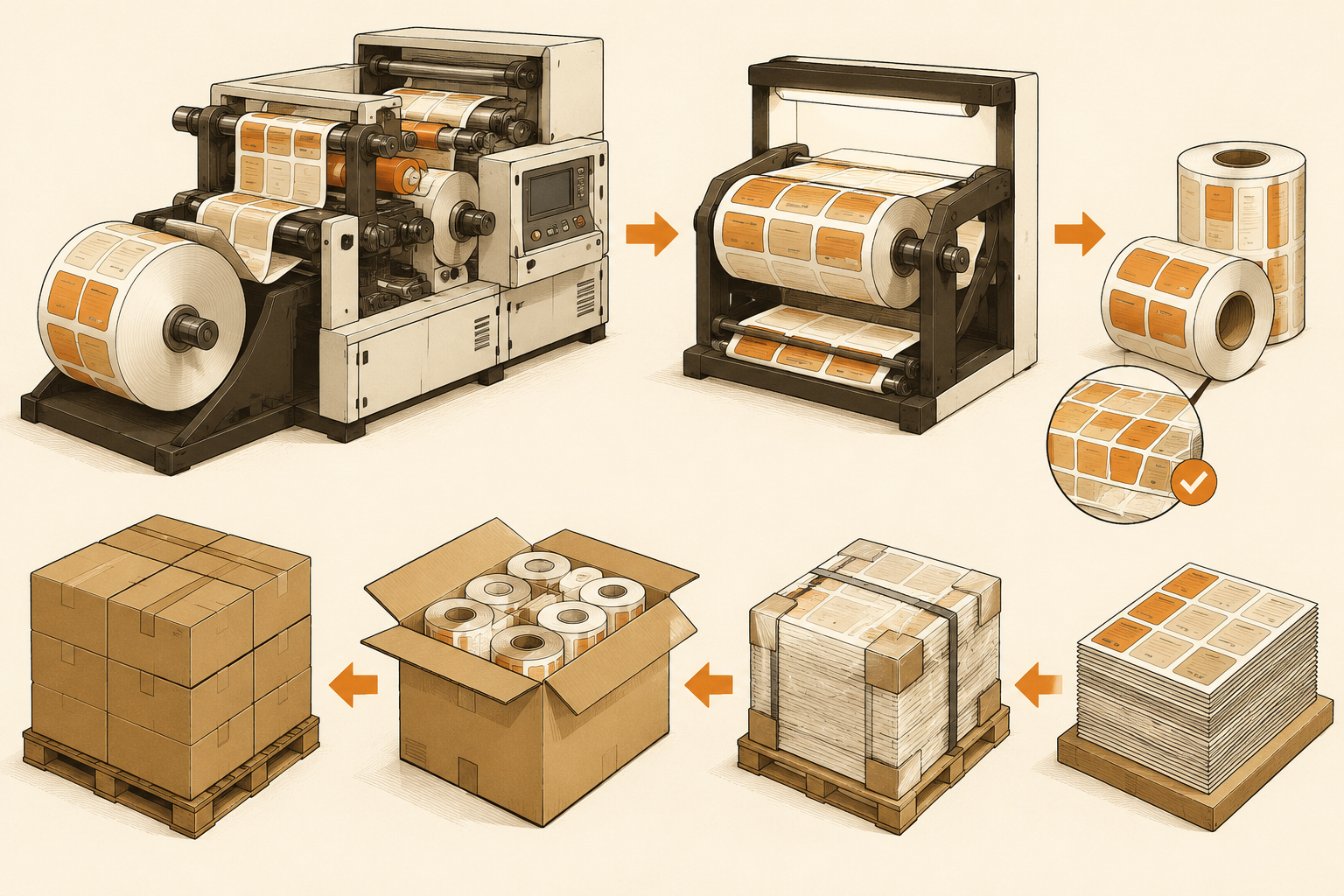 Label production, inspection, rewinding, packing, and delivery preparation