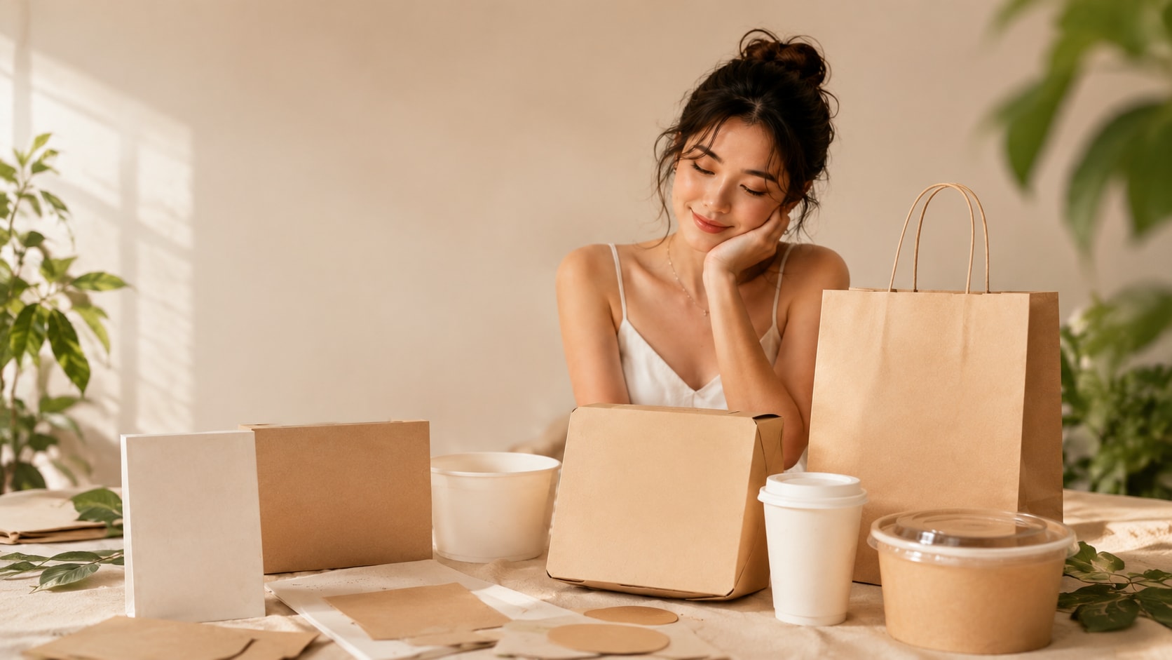 Premium paper packaging products arranged in a warm studio scene