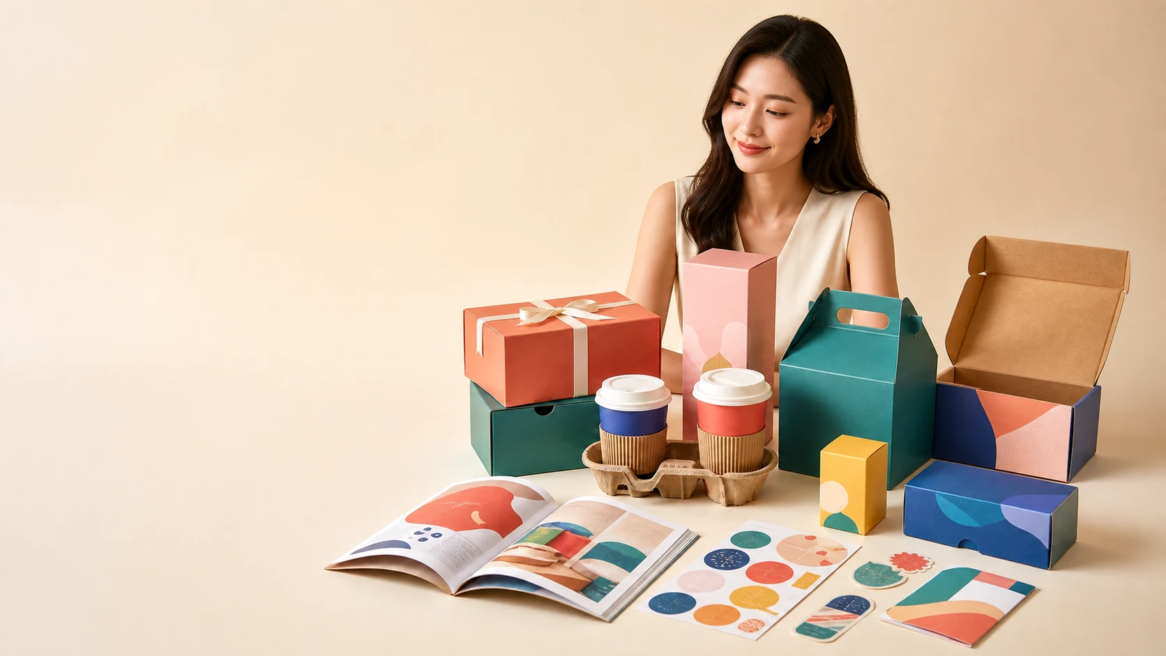 Woman presenting colorful paper boxes, sleeved hot drink cups, a printed catalog, and stickers