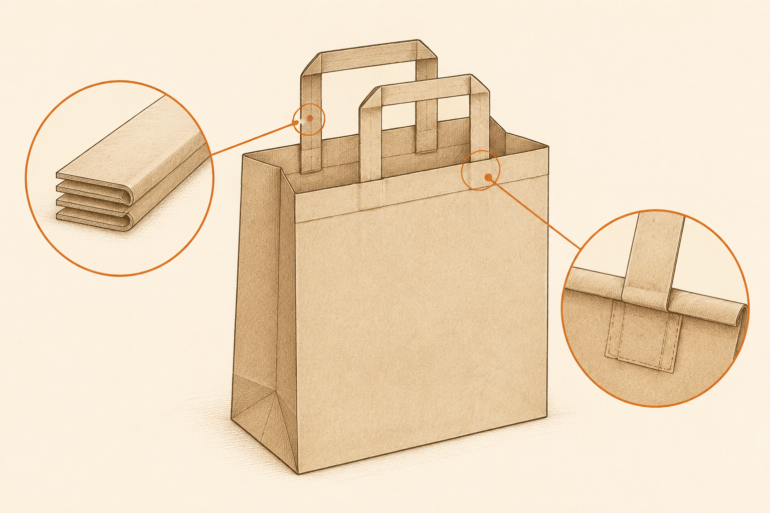 Paper takeaway bag with flat folded handles