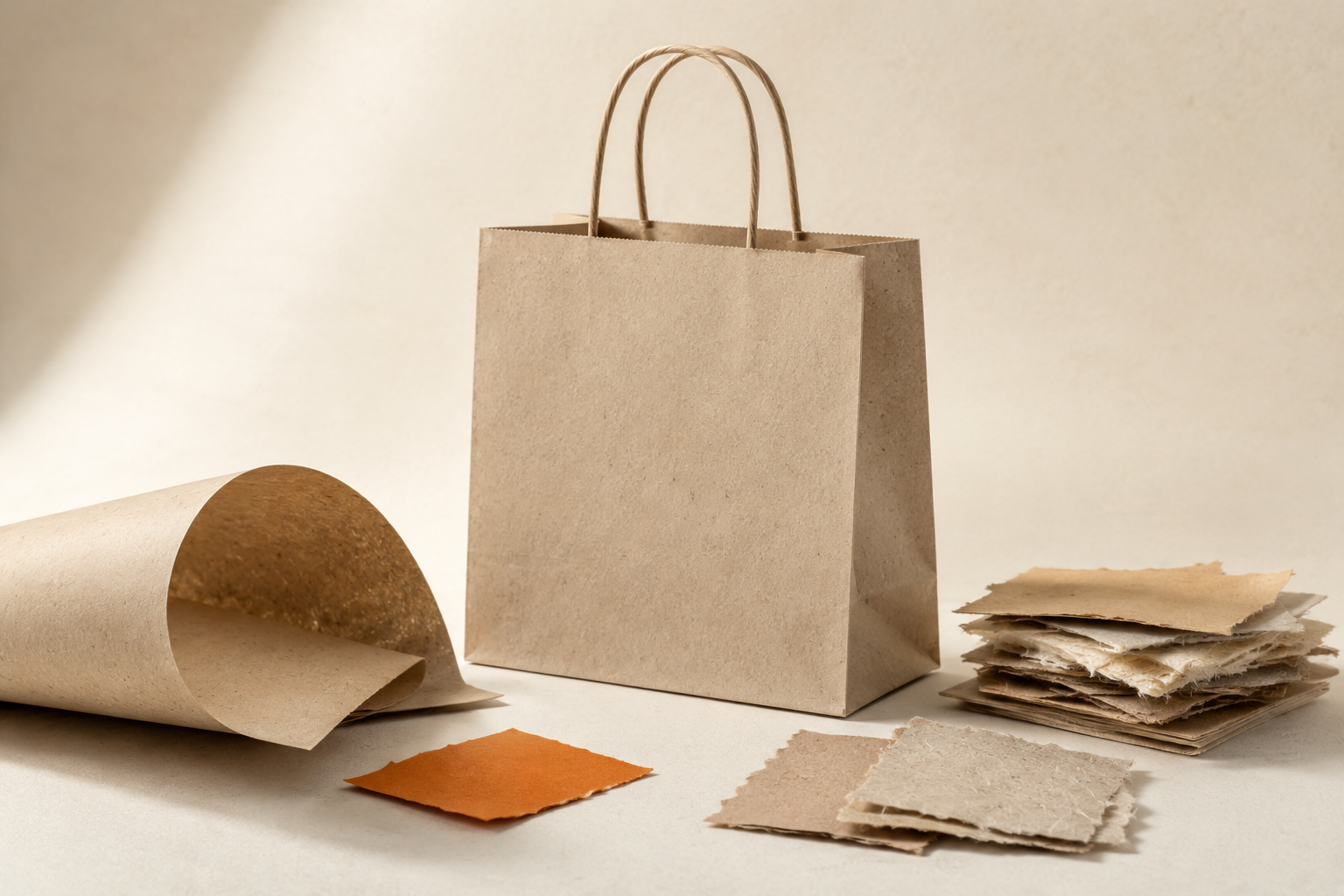 Recycled paper bags and fibrous recycled paper samples