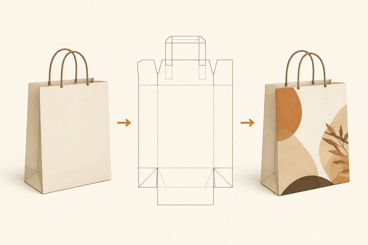 Paper bag artwork, handle references, dielines, and paper samples