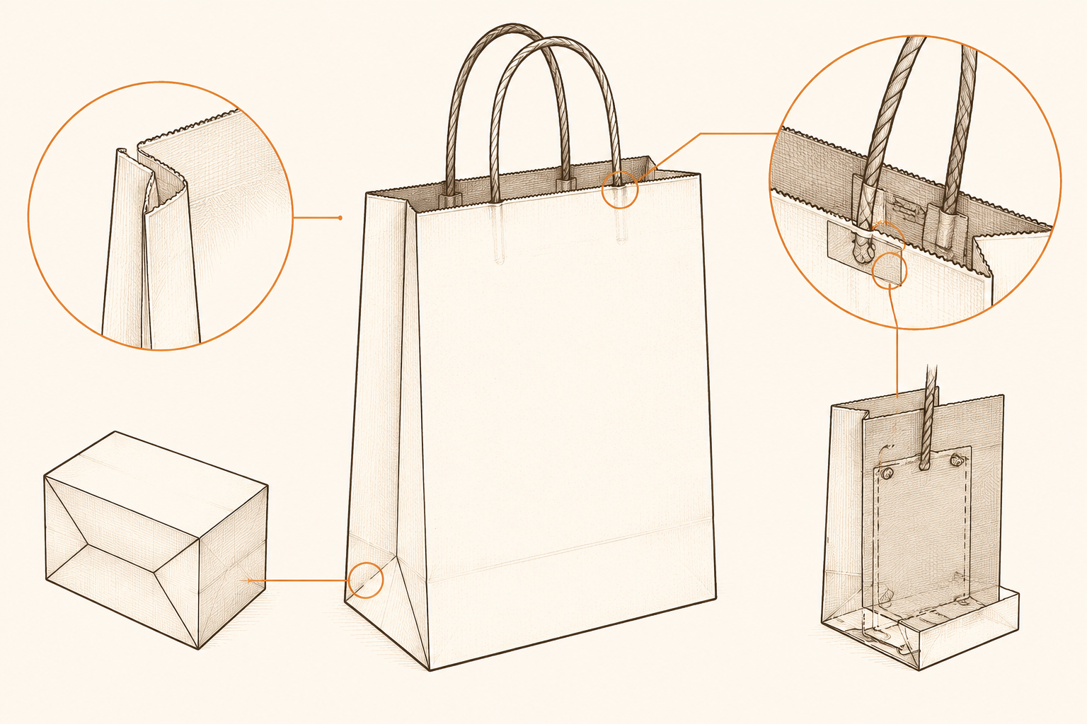 Paper bag prototypes, handles, paper stocks, and print samples