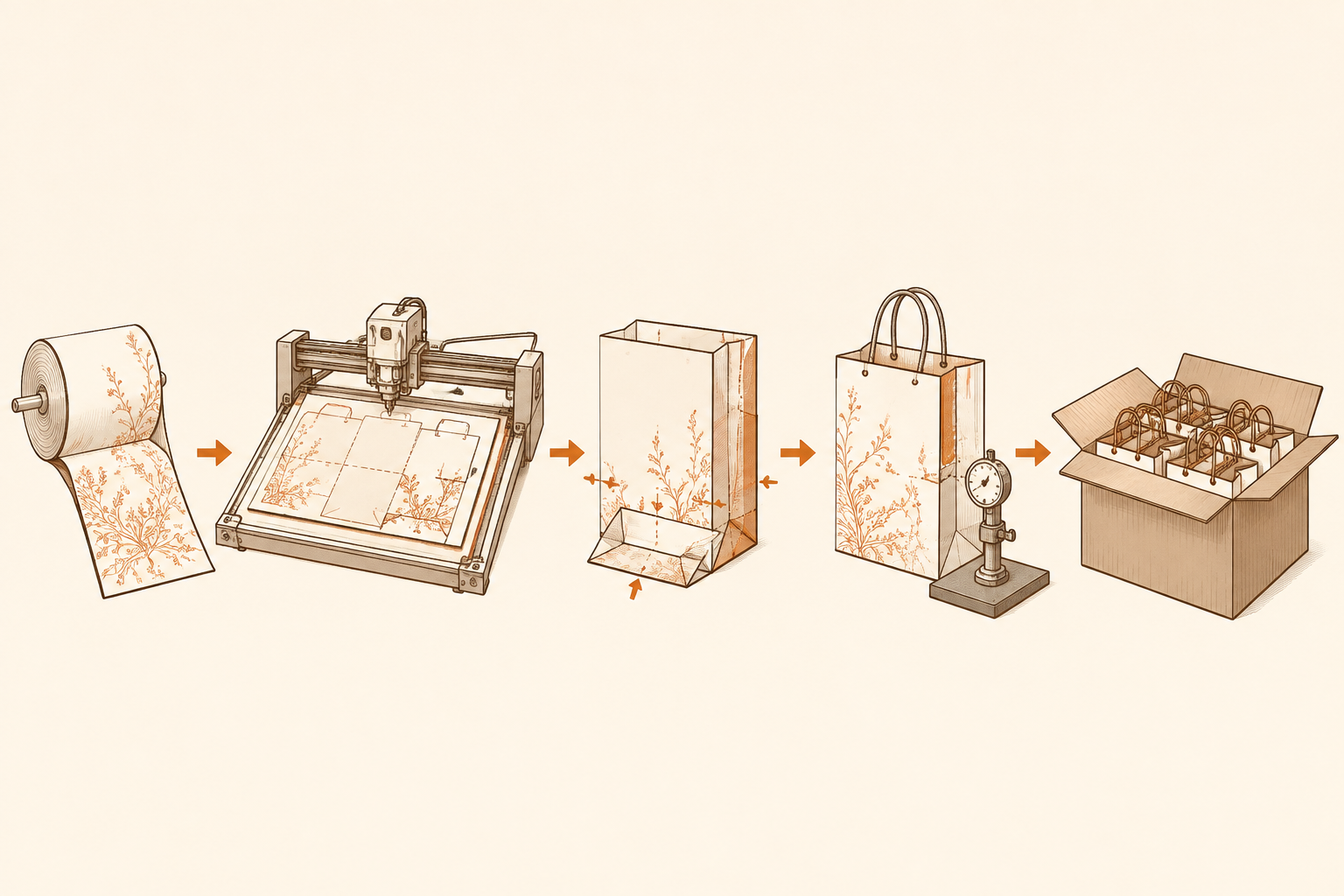 Paper bag production, quality inspection, packing, and delivery preparation