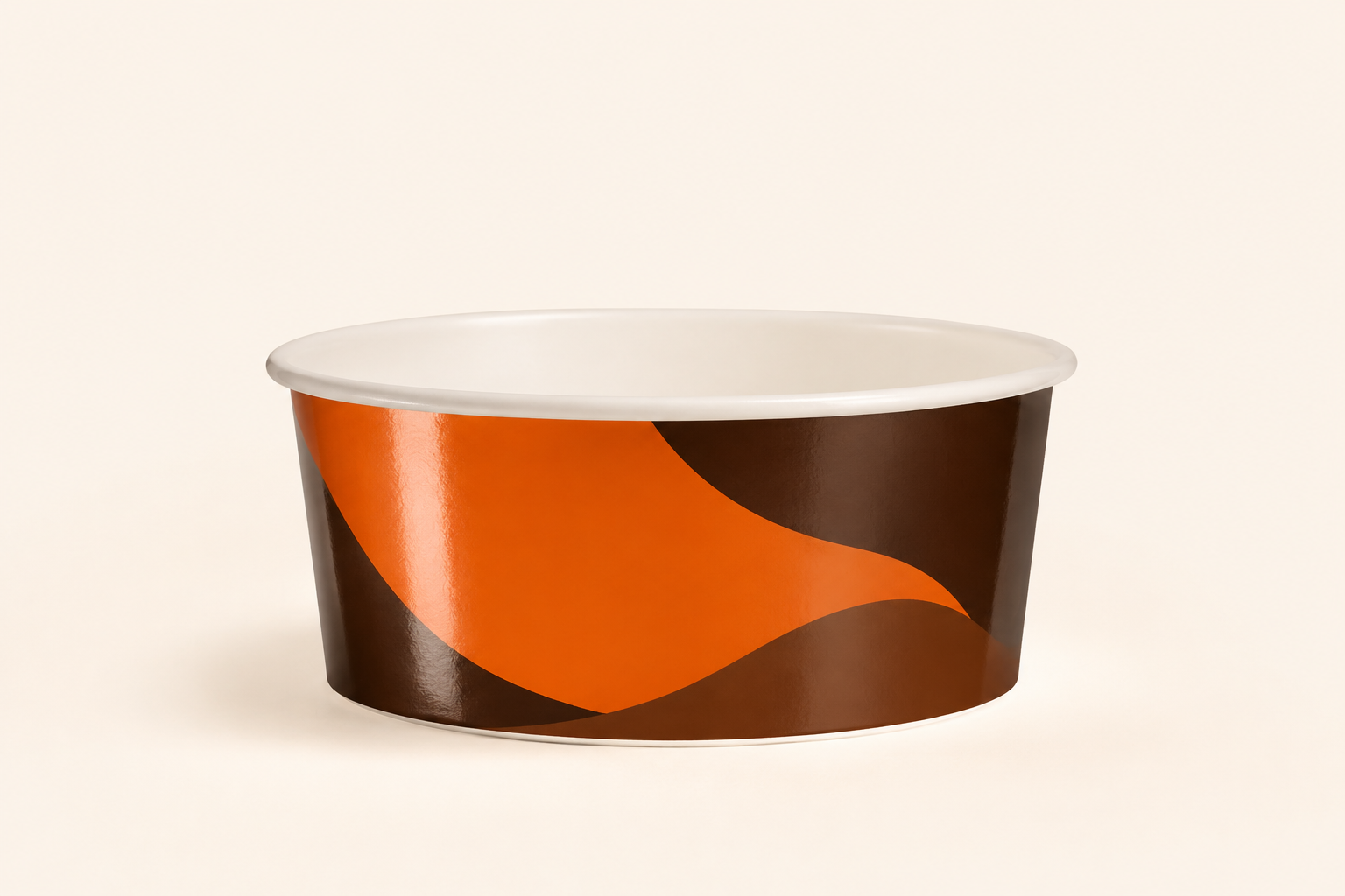 Printed paper bowls with a glossy exterior varnish