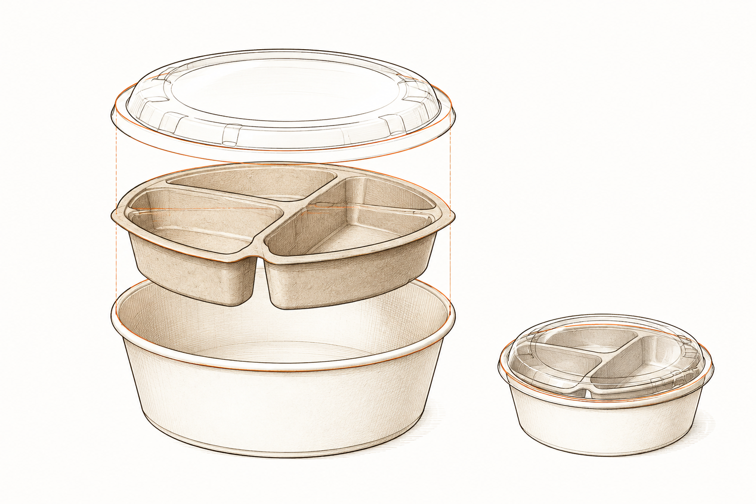 Paper meal bowl with separated food compartments