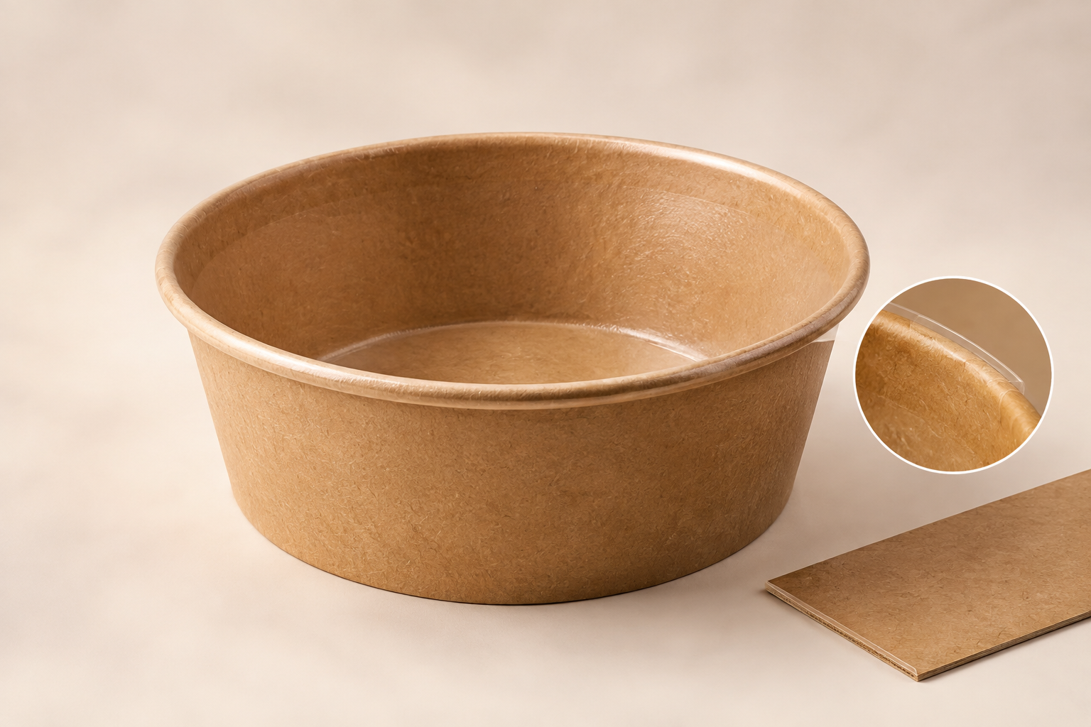 Paper bowl board with a thin PLA lining shown in cross-section