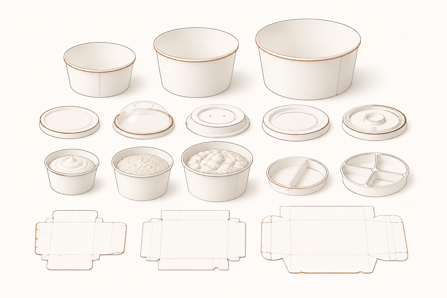 Paper bowl capacity planning, food-use references, lid options, and material samples