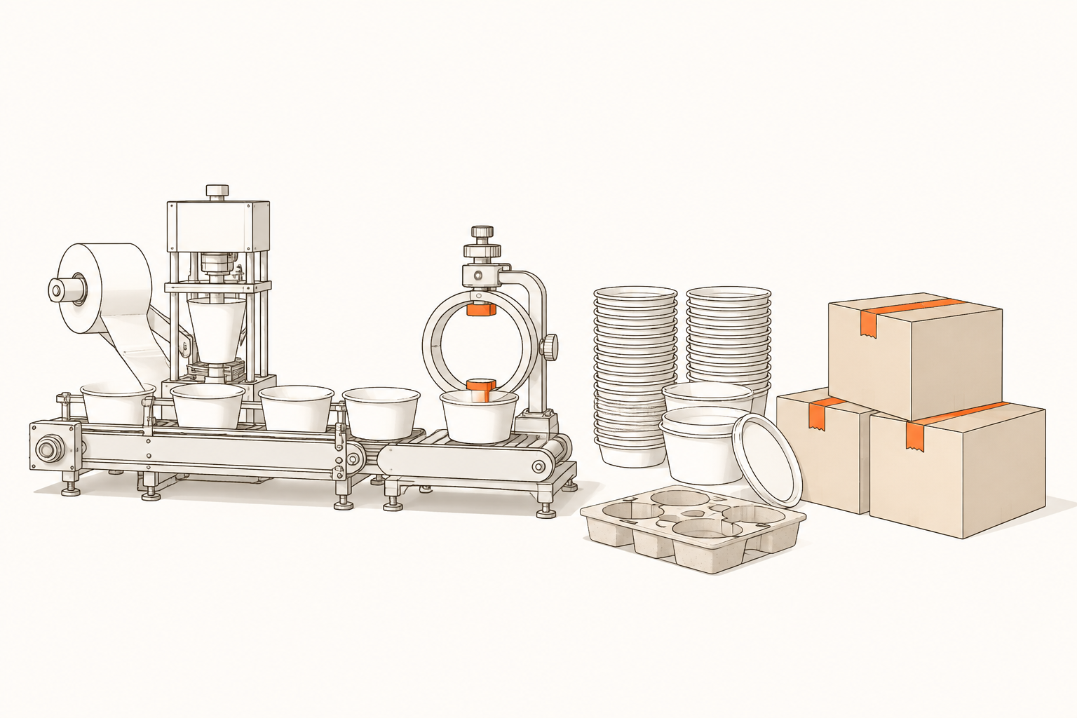 Paper bowl forming, inspection, stacking, packing, and delivery preparation
