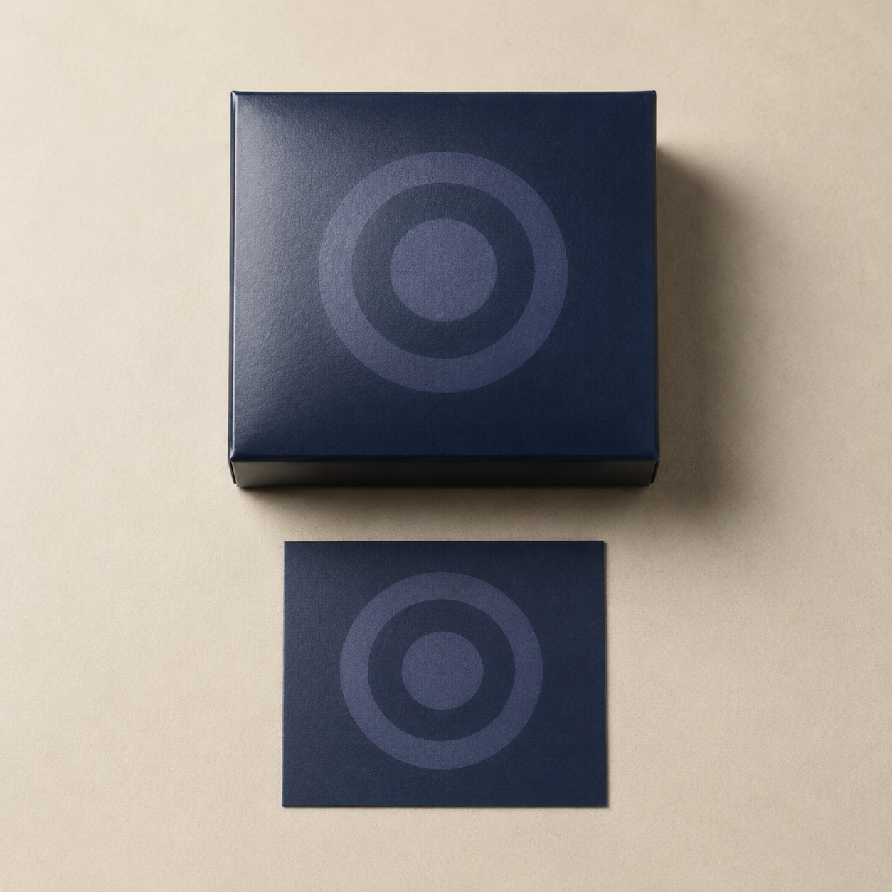 Representative navy paper box with an even satin aqueous varnish