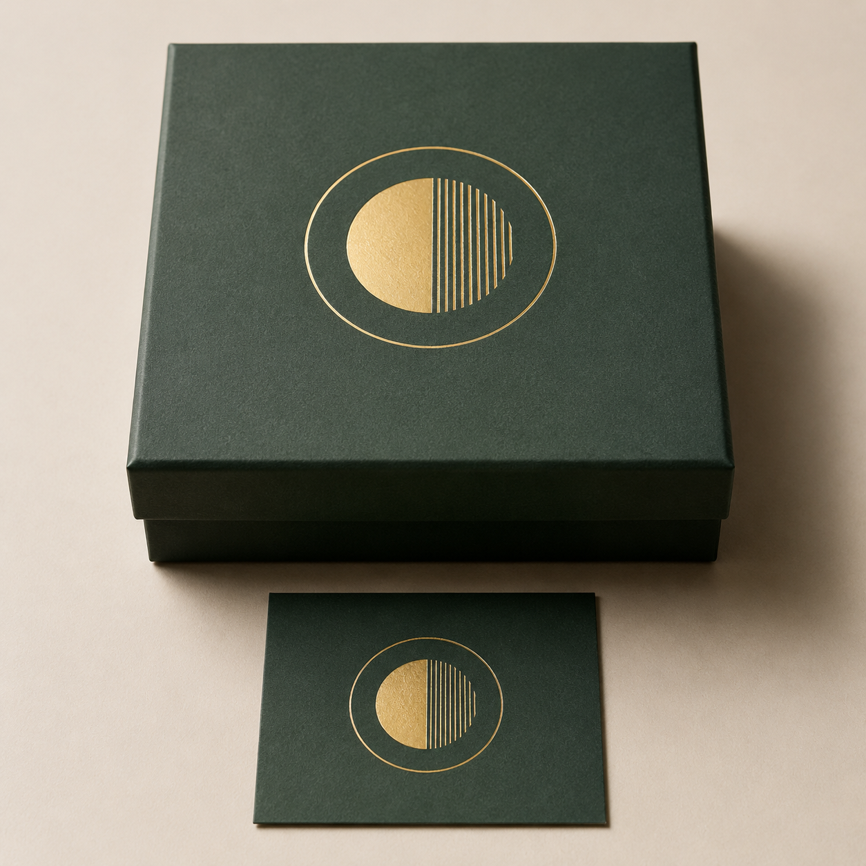 Representative green paper box with a flat metallic gold foil motif