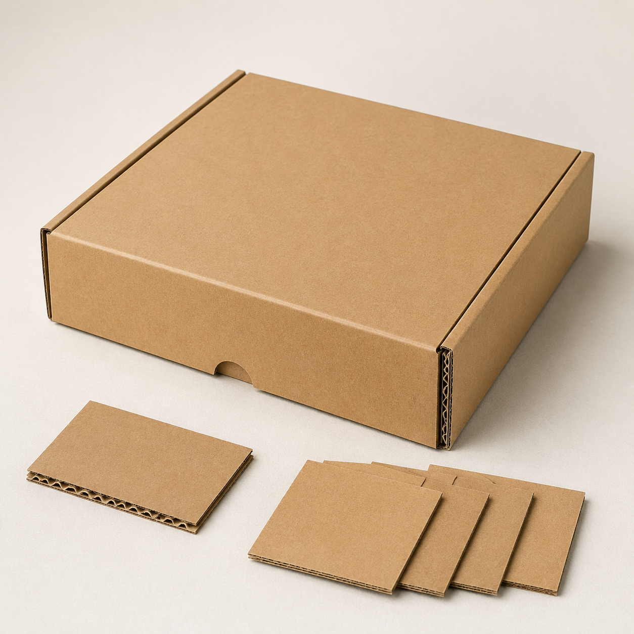 Representative E-flute corrugated mailer and board cross-section samples