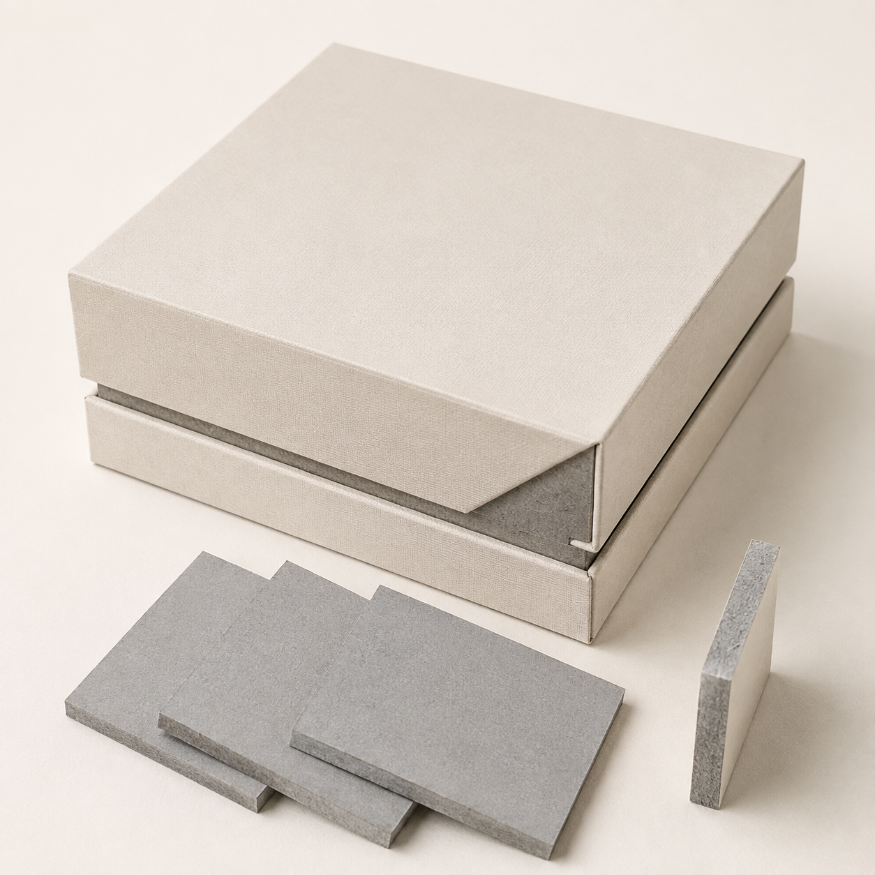 Representative wrapped rigid box and dense greyboard samples