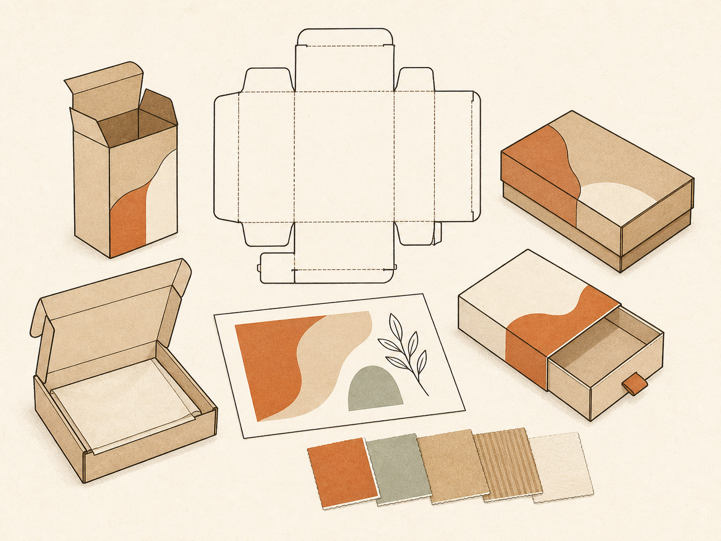 Generated line-art illustration of packaging artwork, a structural dieline, material samples, and universal box forms