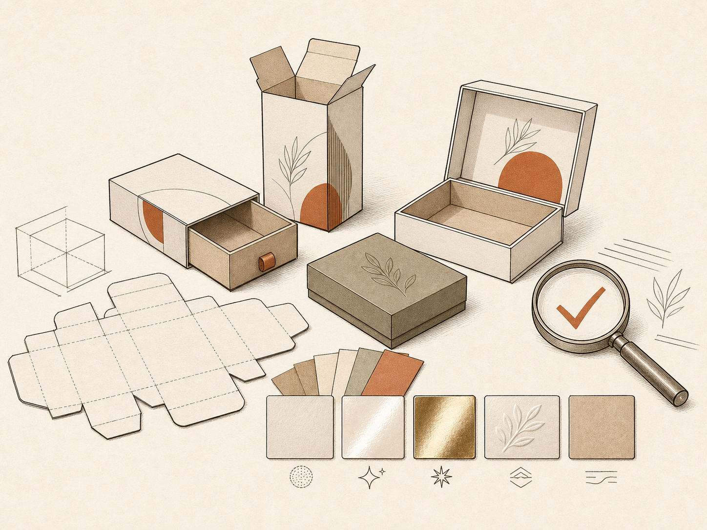 Generated line-art illustration of packaging prototypes, board samples, finishes, and sample approval