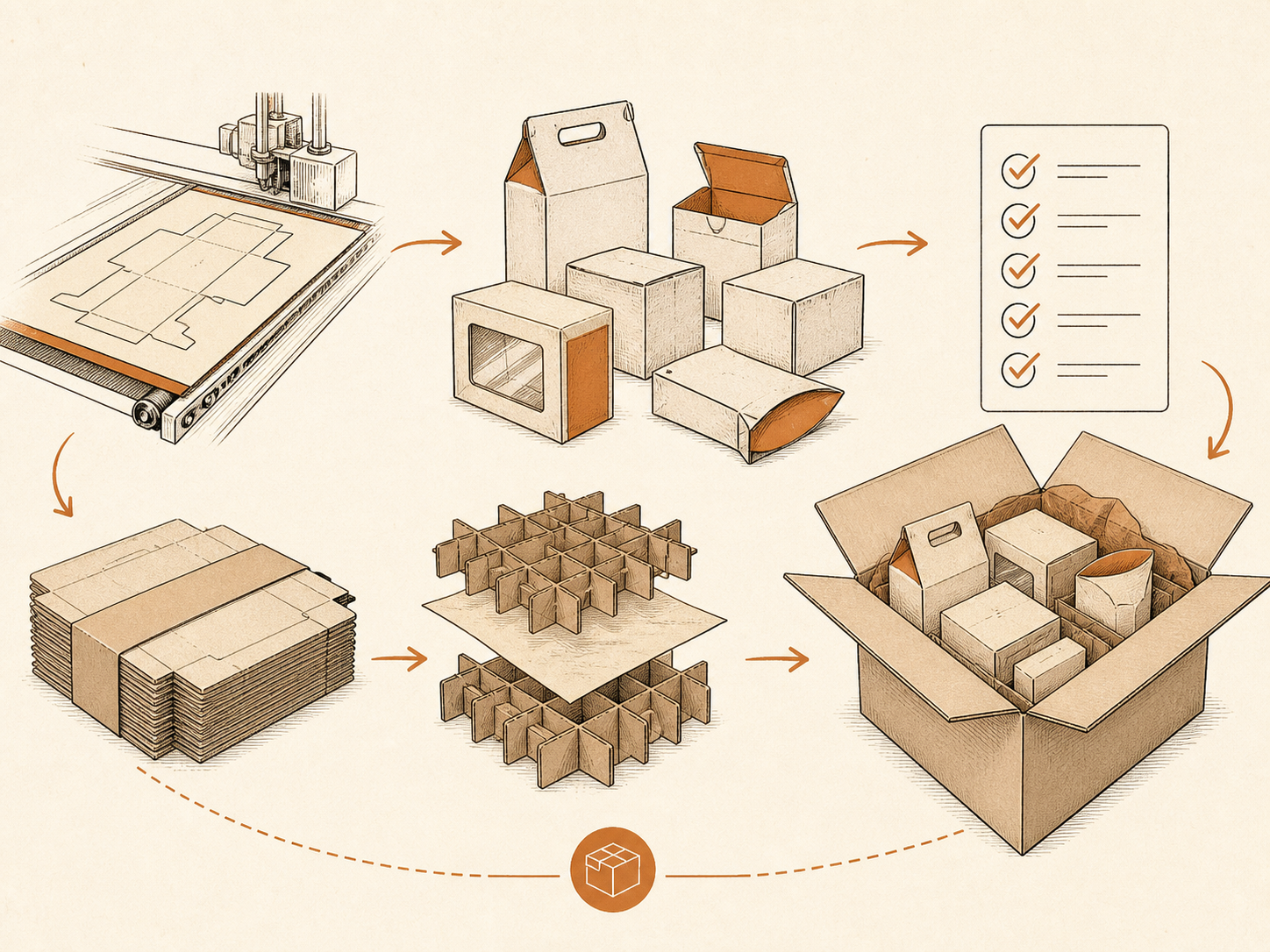Generated line-art illustration of box production, inspection, protective packing, and delivery
