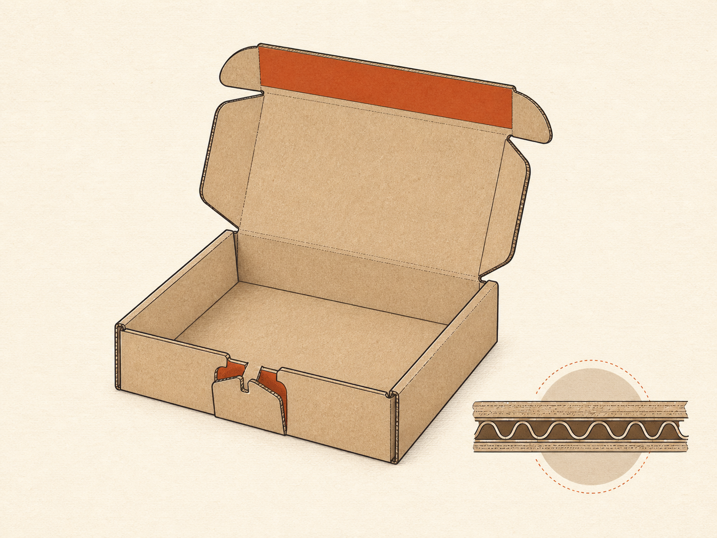 Generated line-art diagram of a self-locking corrugated mailer and flute cross-section