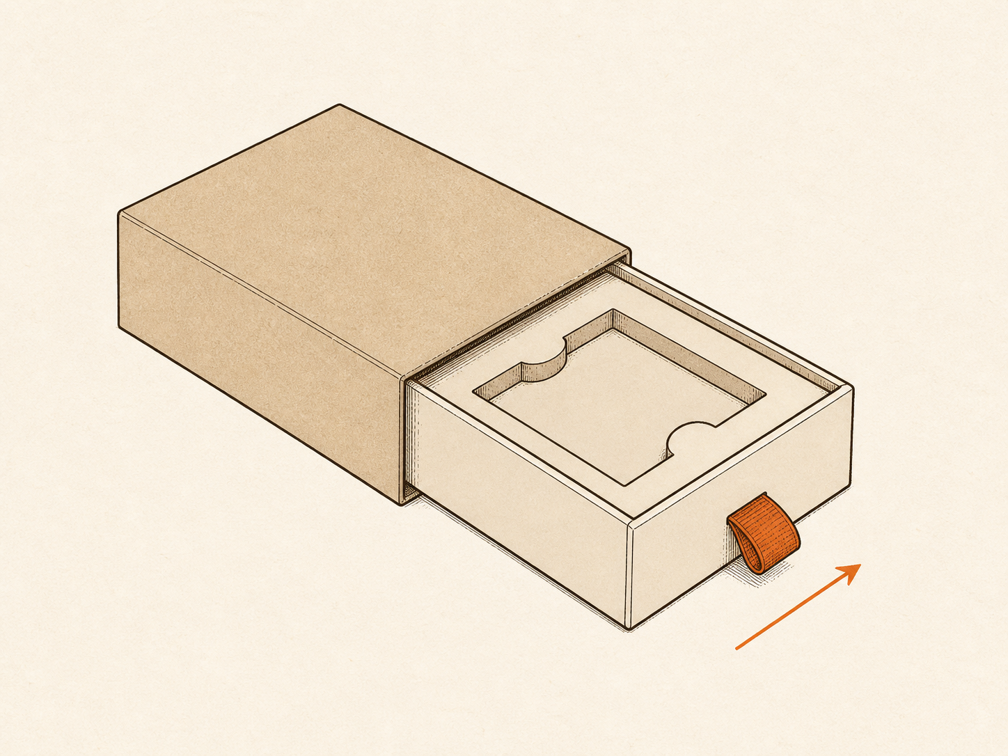 Generated line-art diagram of a drawer box with a sleeve, sliding tray, insert, and ribbon pull