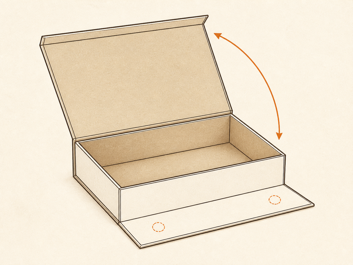 Generated line-art diagram of a hinged magnetic book box with a closing flap