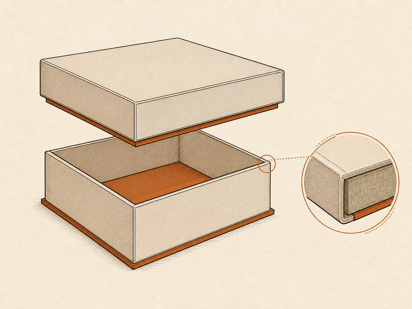 Generated line-art diagram of a non-collapsible wrapped rigid setup box