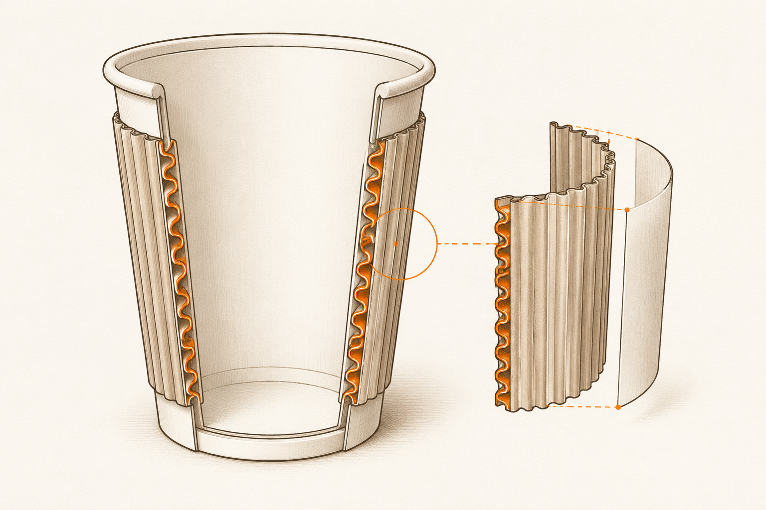 Ripple-wall paper cup with a corrugated outer sleeve