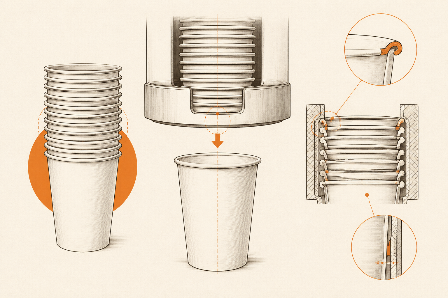 Nested paper vending cups and a dispensing profile