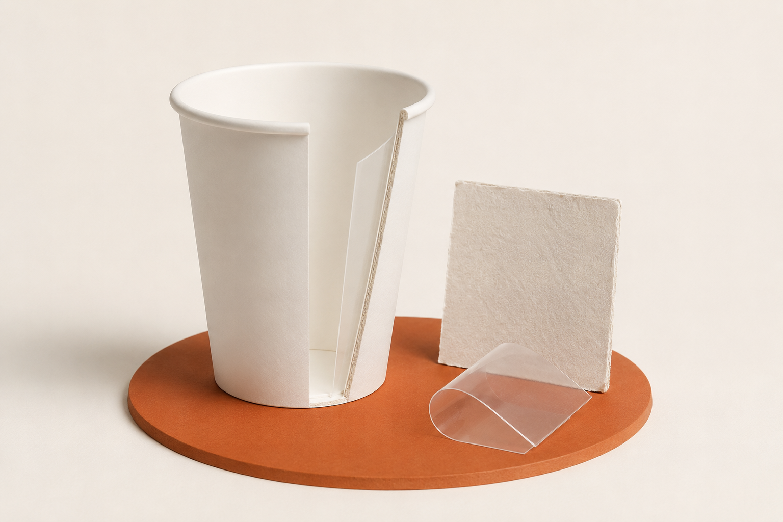Paper cup board with a thin PLA lining shown in cross-section