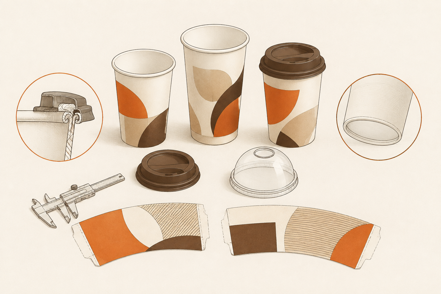 Paper cup and lid samples undergoing fit, print, and handling checks